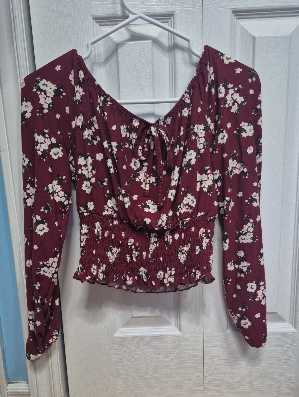 Streetwear Society Burgundy Floral Smocked Waist Blouse